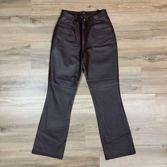 Newport News Women's 6 Petite Genuine Leather Pants Chocolate Brown Straight Leg - Picture 1 of 5